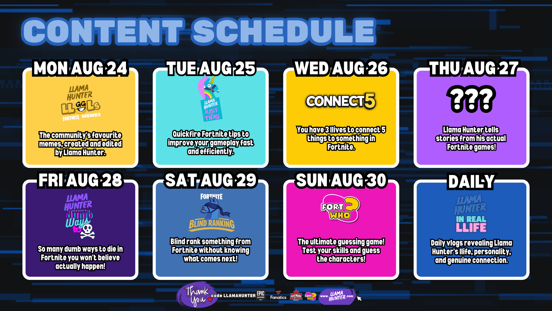 Content Schedule Week of Aug 24